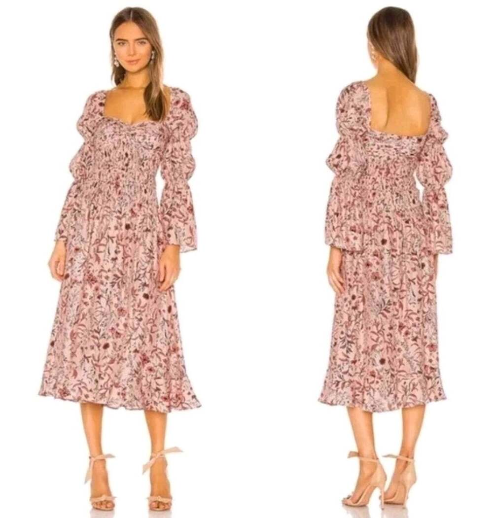 NWT $598 AMUR Womens Blush Wildflowers 100% Silk Filipa Midi A-Line Dress Sz 0